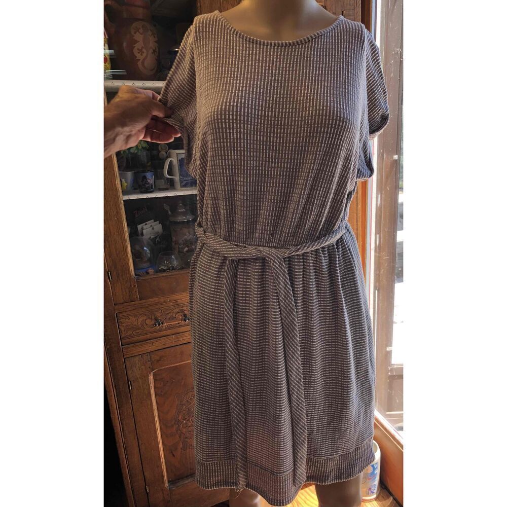 caution to the wind Brown White Striped Short Sleeve Belted Dress Large